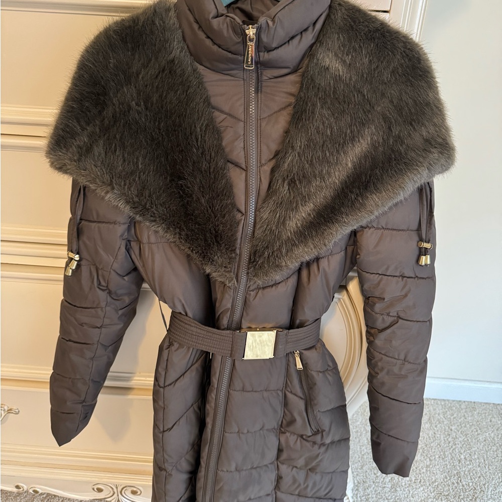 Laundry By Shelli Segal Brown Puffer Coat with Faux Fur Trim
